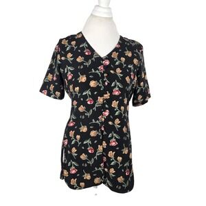 Vintage Black Floral Print Button Up Slit Short Sleeve Top 90s Y2K Grunge